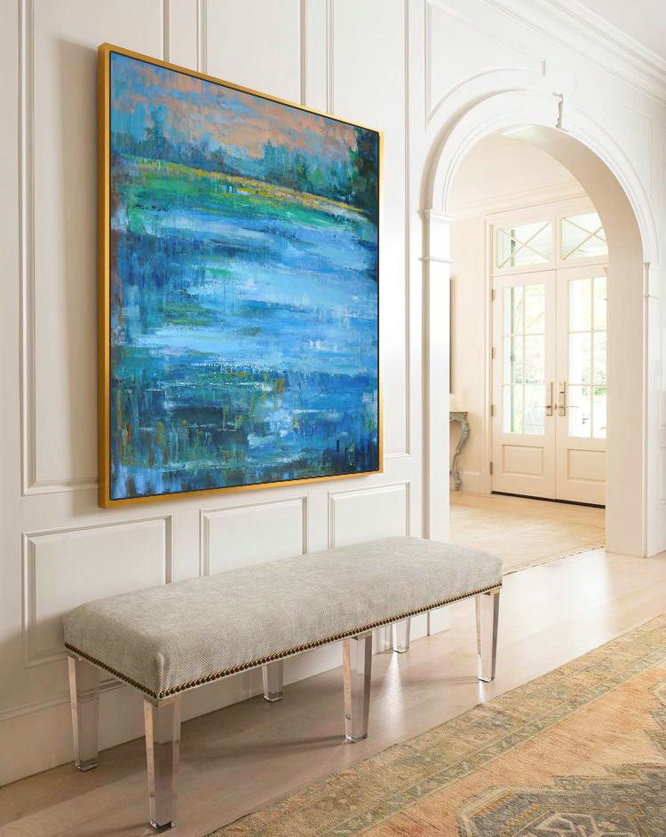 Oversized Abstract Landscape Oil Painting,Large Colorful Wall Art,Blue,Green,Yellow,Nude
